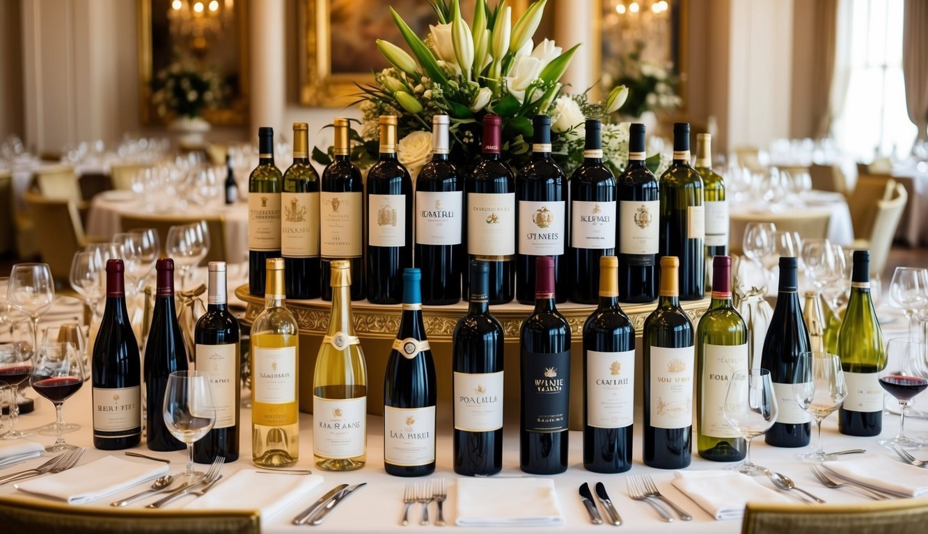 A grand banquet table with an array of exquisite wine bottles from around the world, surrounded by elegant wine glasses and luxurious decor