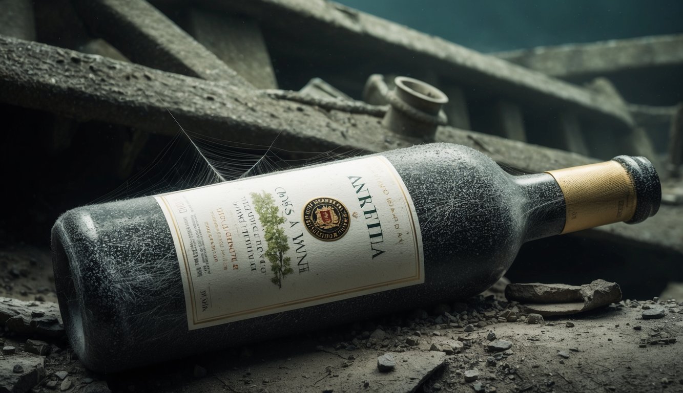 A dusty, cobweb-covered bottle of wine lies among the wreckage of a sunken ship, its label barely visible