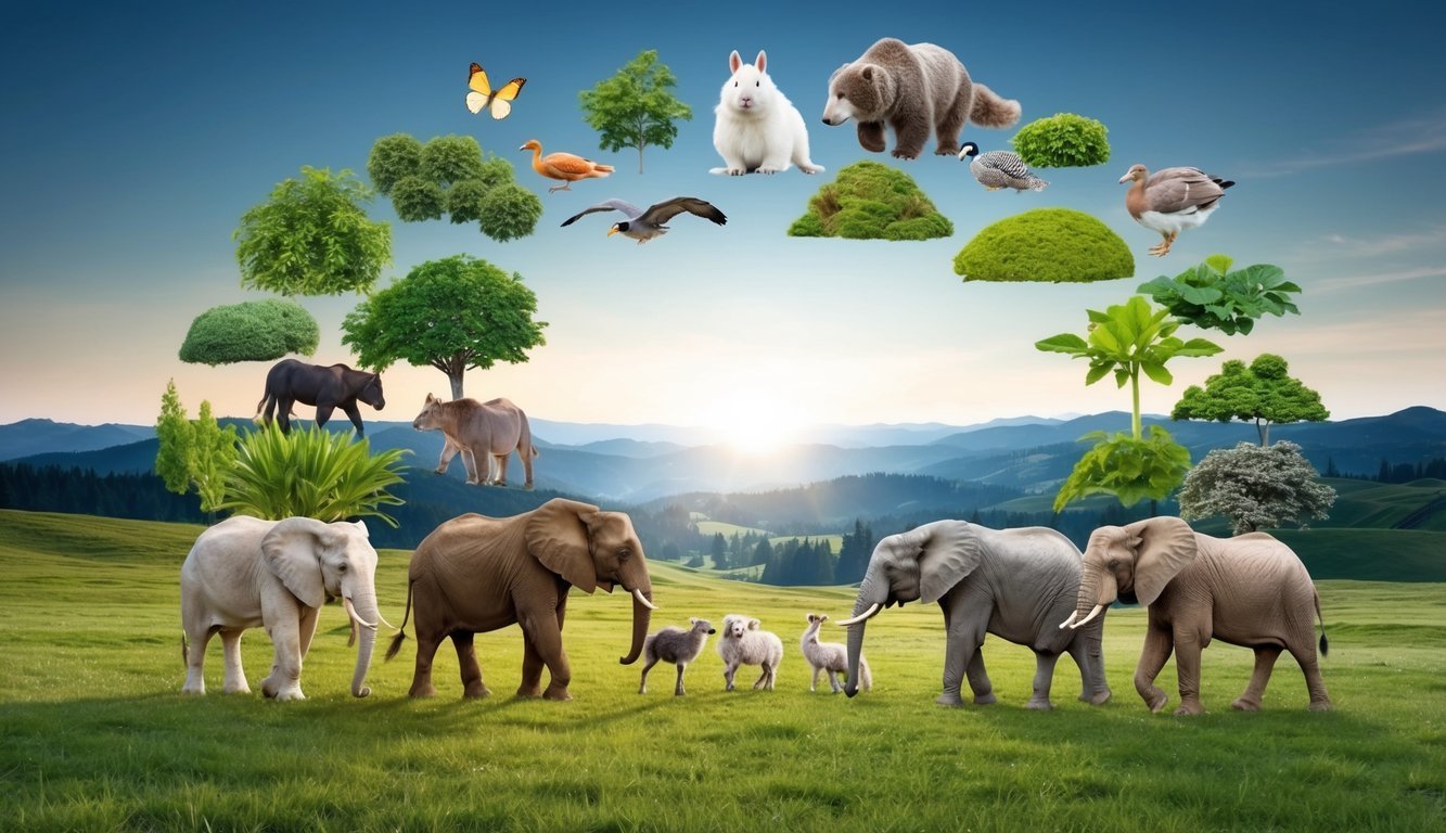 A diverse group of animals, plants, and landscapes coming together in harmony, symbolizing the unity of humanity without any physical borders