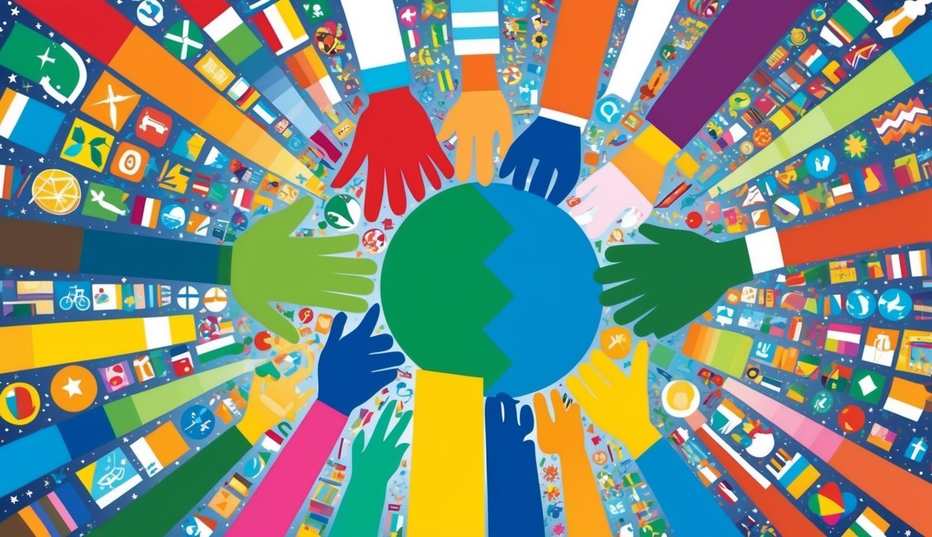 A vibrant mosaic of diverse symbols and colors, representing unity and equality