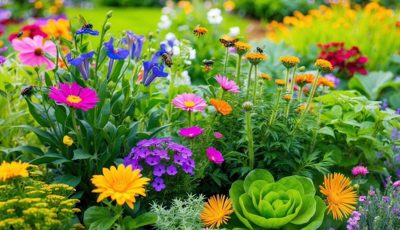 A vibrant garden with a variety of flowers, plants, and insects, showcasing the beauty and strength of diversity in nature