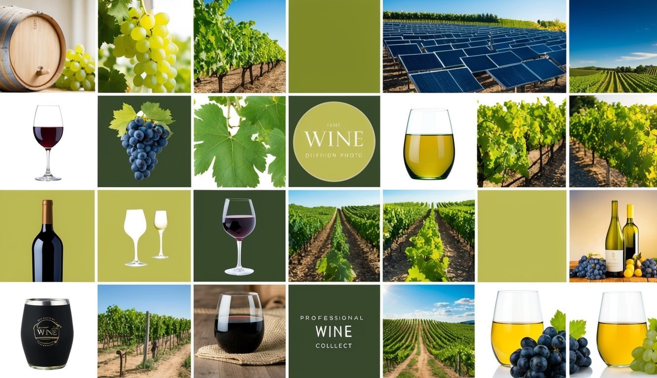 A collection of wine-related objects and imagery, such as vineyards, grapes, wine glasses, and barrels, arranged in a visually appealing composition