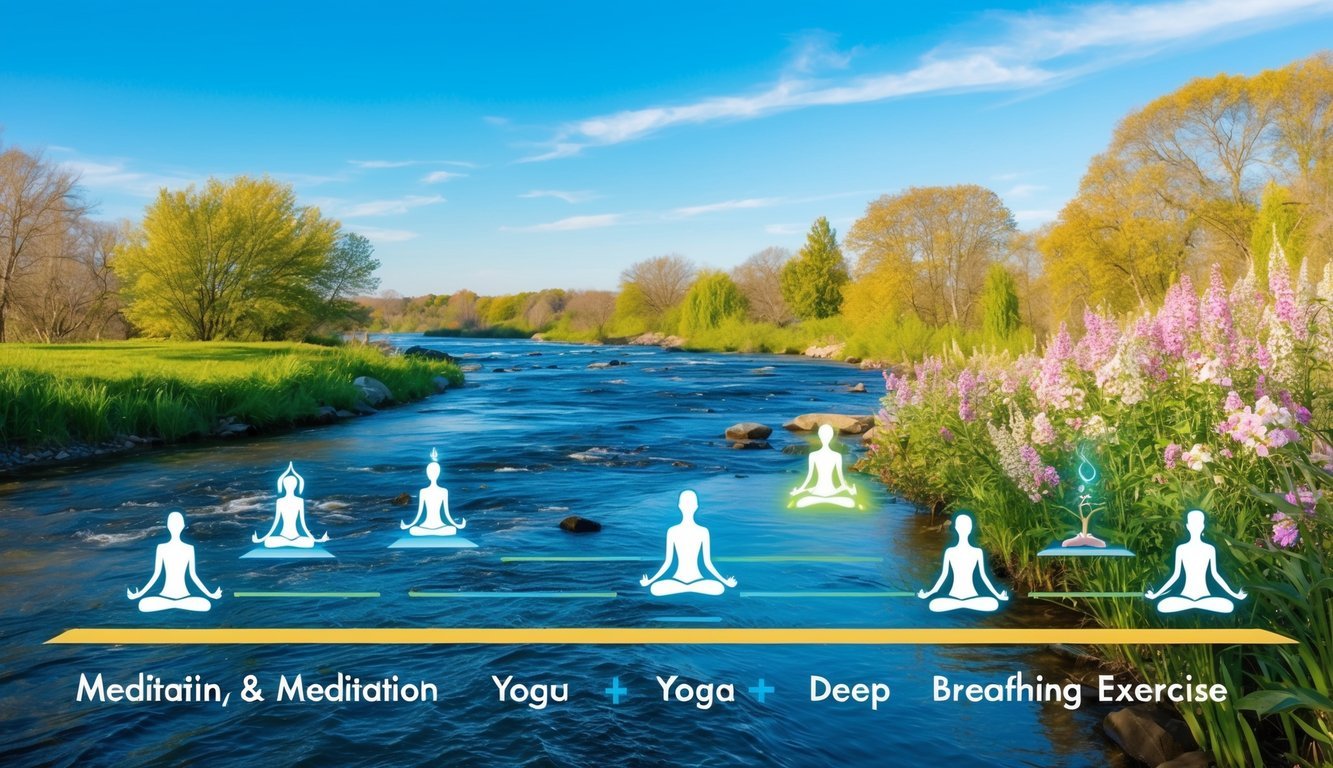 A serene nature scene with a flowing river, blooming flowers, and a clear blue sky, depicting various activities such as meditation, yoga, and deep breathing exercises