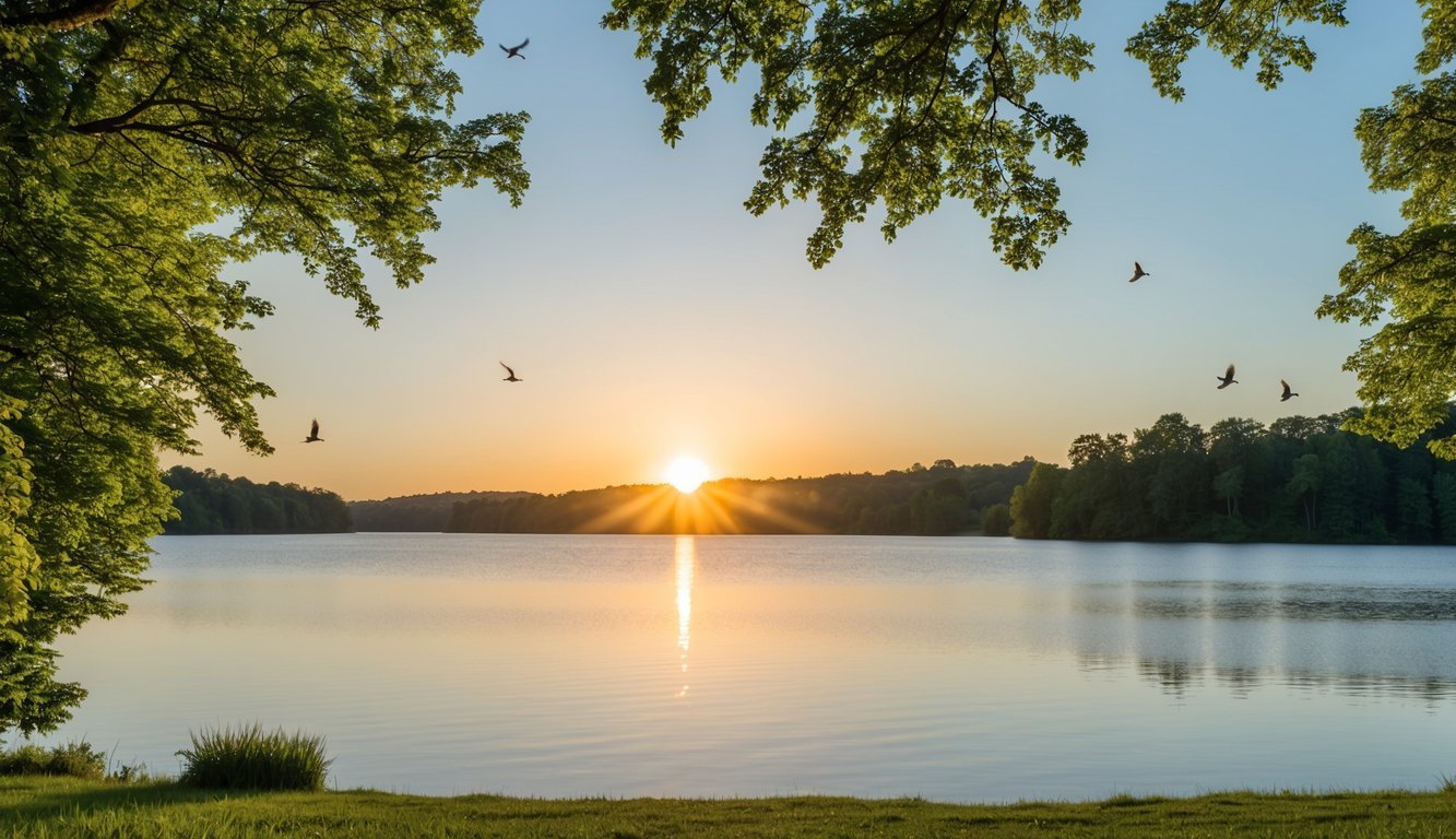 A serene sunrise over a calm lake, surrounded by lush green trees and chirping birds