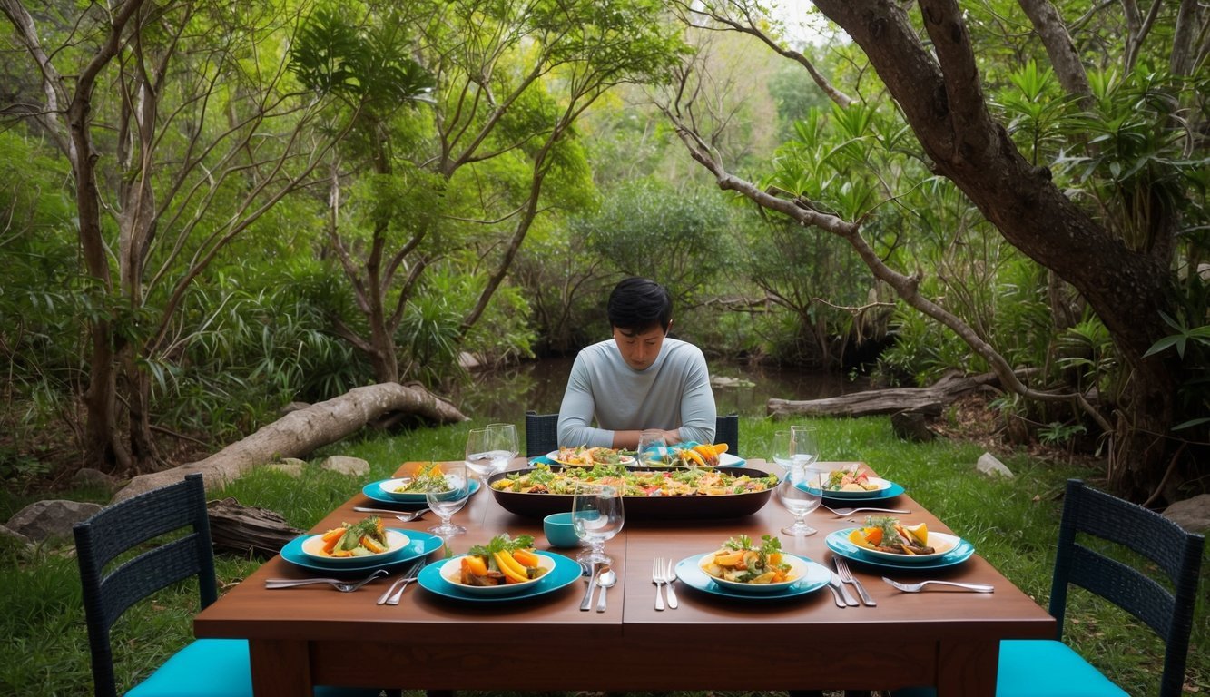 A table set with a colorful meal, surrounded by serene nature, with a person sitting quietly, taking in the moment