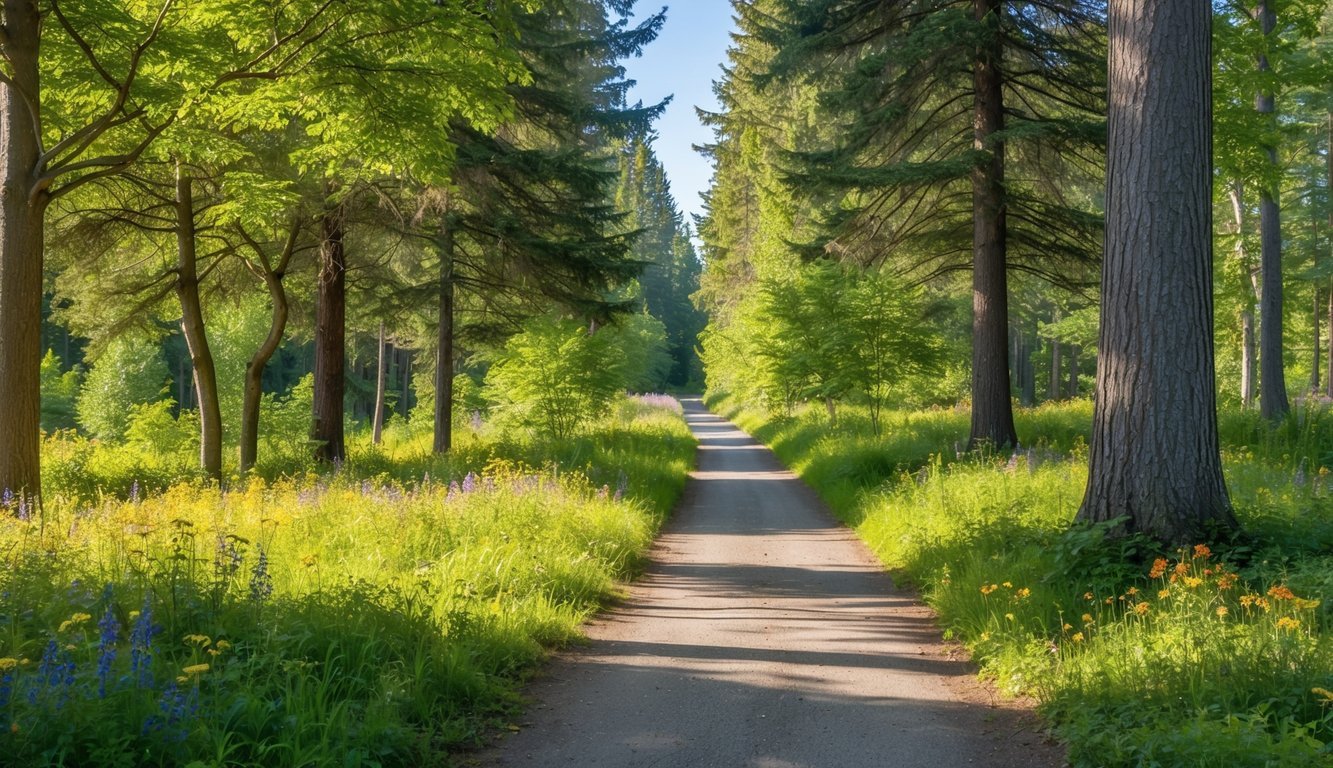 A serene forest path with dappled sunlight, surrounded by tall trees and colorful wildflowers
