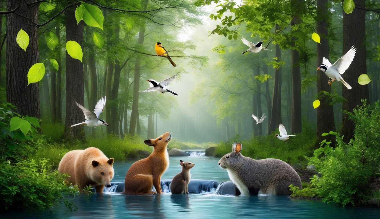 A serene forest with animals listening to the sounds of nature - birds chirping, leaves rustling, and water flowing