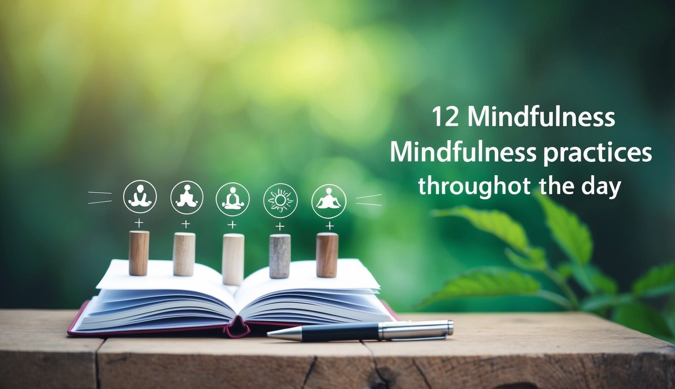 A serene nature scene with a journal, pen, and 12 symbolic objects representing mindfulness practices throughout the day