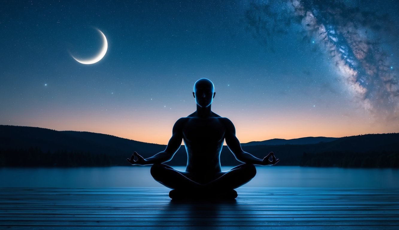A serene nighttime landscape with a figure engaging in mindful activities throughout the day