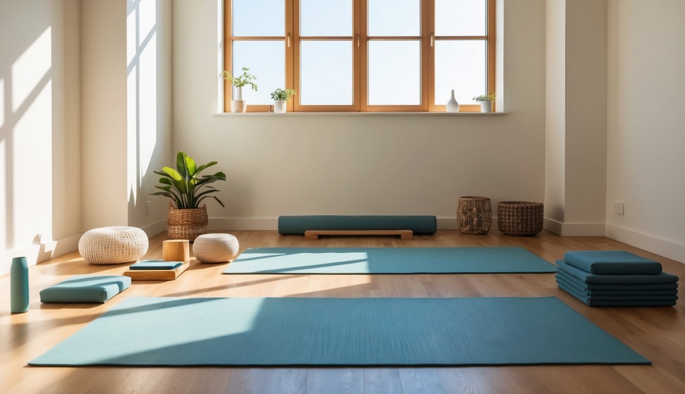 A serene, sunlit room with various objects for stretching and mindfulness activities arranged in a peaceful and organized manner