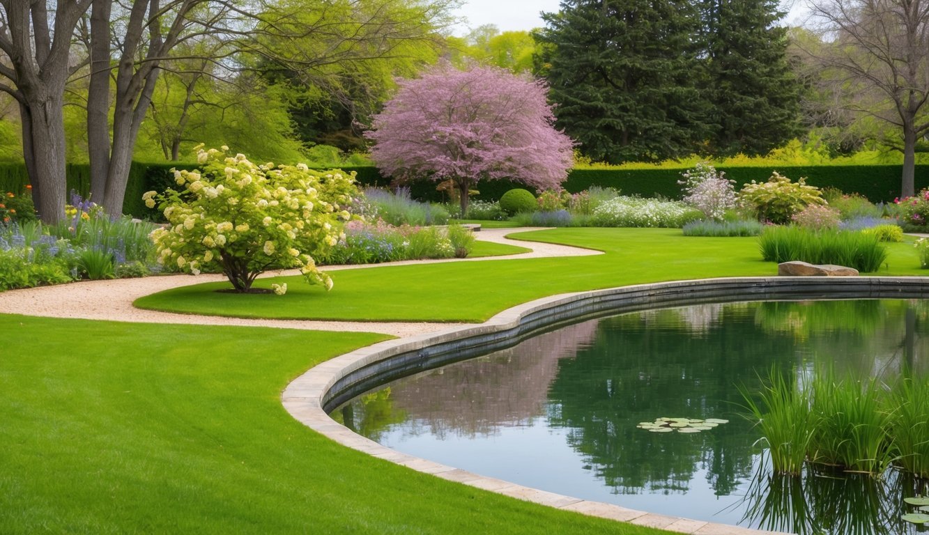 A serene garden with a winding path, blooming flowers, and a peaceful pond reflecting the surrounding trees