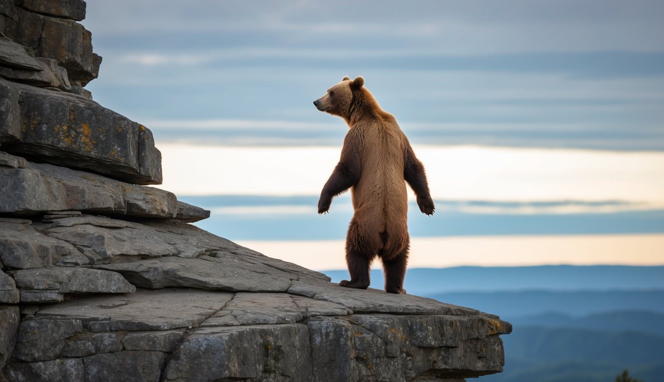 A bear standing tall on a rocky cliff, gazing out at the horizon with a sense of strength and courage