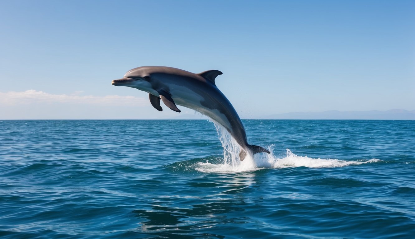 A dolphin gracefully leaps out of the water, surrounded by a tranquil ocean and a clear, blue sky