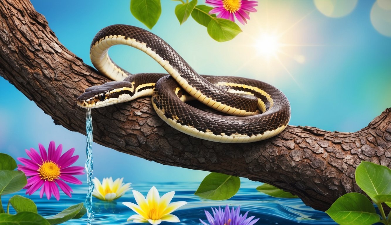 A snake coiled around a tree branch, surrounded by vibrant flowers and flowing water, symbolizing wisdom and transformation