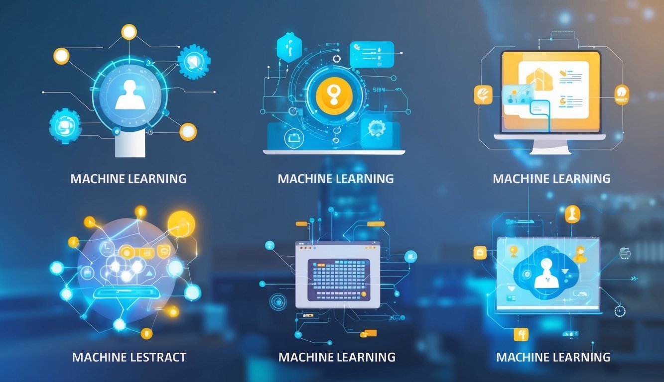 Six abstract machine learning tools in a futuristic setting, each with unique design and function