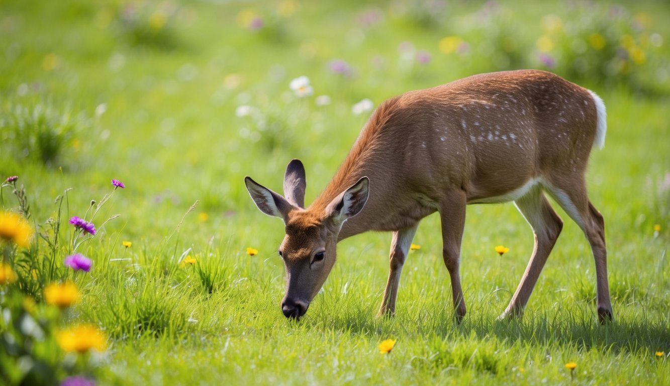 A deer peacefully grazing in a lush meadow, surrounded by vibrant flowers and a gentle breeze