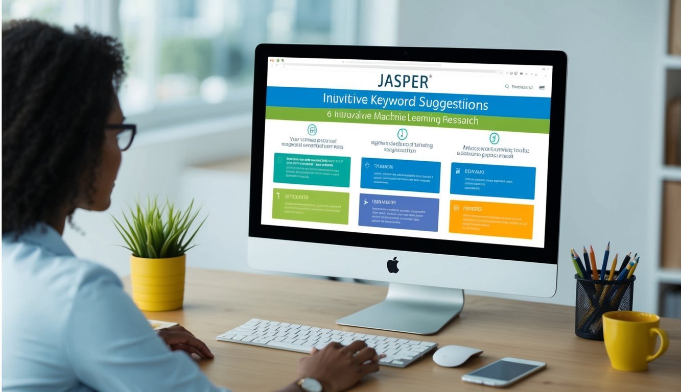 A computer screen displaying Jasper's intuitive keyword suggestions and 6 innovative machine learning tools for keyword research