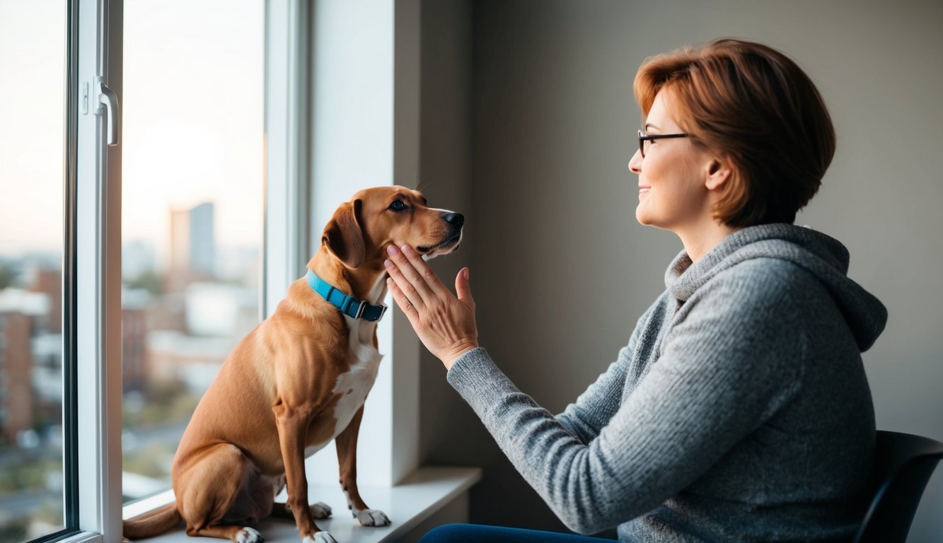 A dog sitting beside a person, nuzzling their hand as they look out a window, offering companionship and emotional support