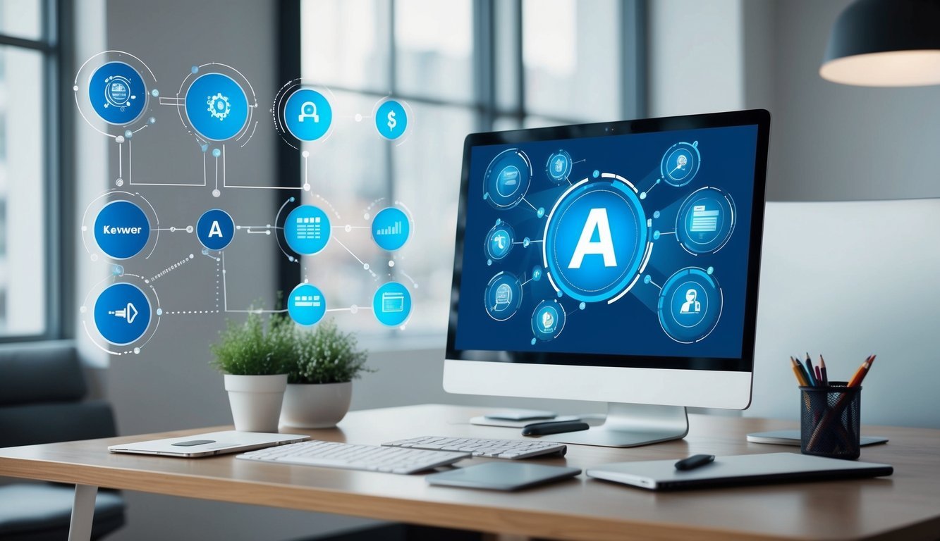 An AI-powered computer analyzing keywords with six innovative machine learning tools