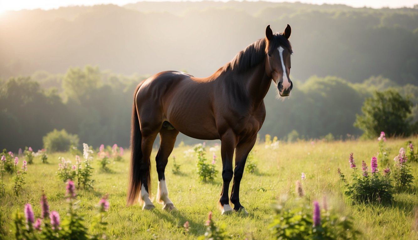 A majestic horse stands tall in a serene meadow, surrounded by vibrant flowers and gentle sunlight, emanating a sense of calm and healing energy