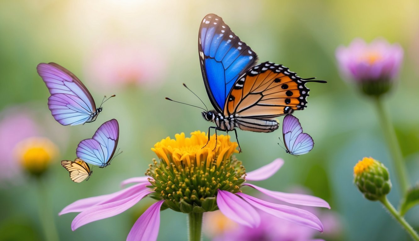 A colorful butterfly hovers over a blooming flower, surrounded by gentle, healing spirit animals