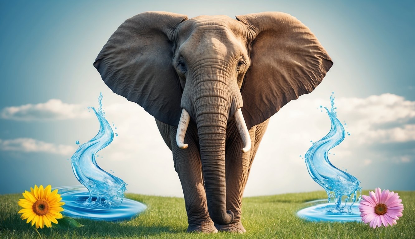 An elephant stands tall and proud, its wise eyes gazing into the distance.</p><p>Surrounding it are gentle symbols of healing and recovery, such as flowers and flowing water
