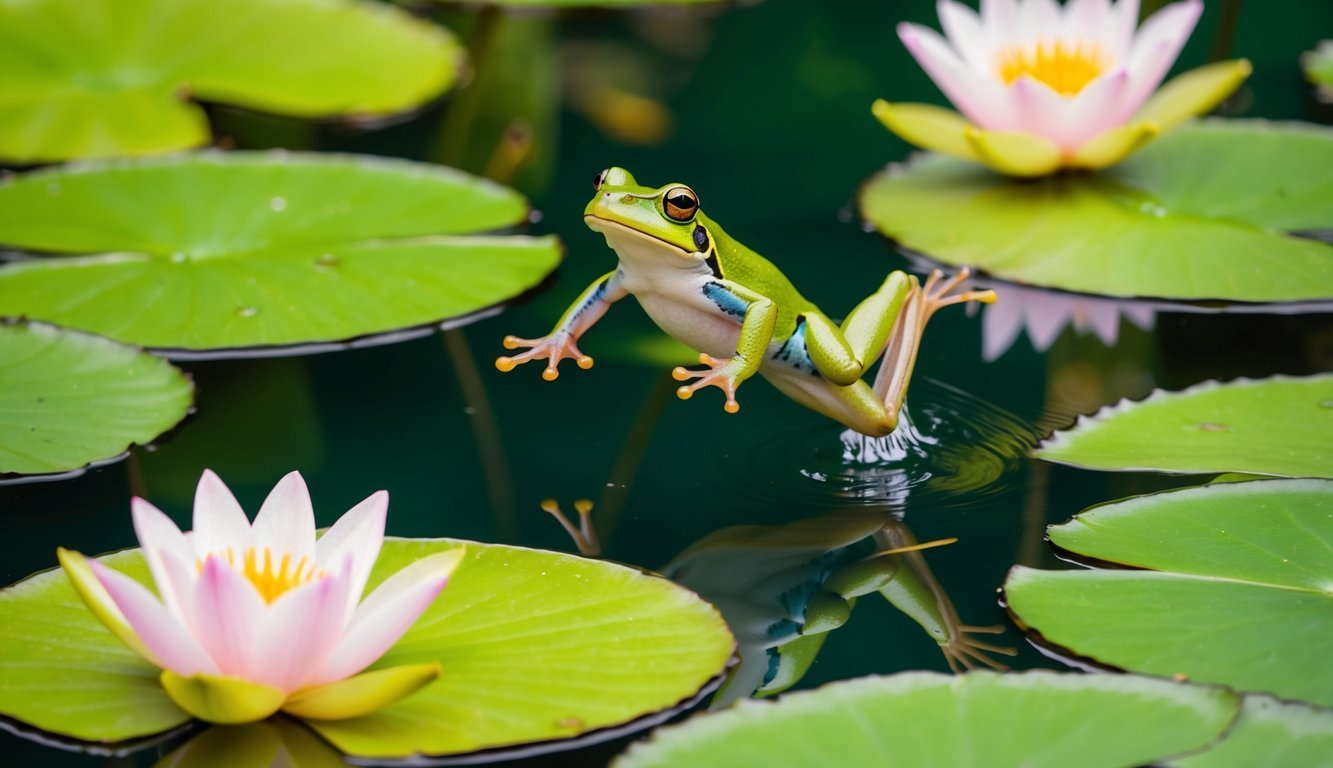 A frog leaping out of a crystal-clear pond, surrounded by vibrant green lily pads and blooming lotus flowers