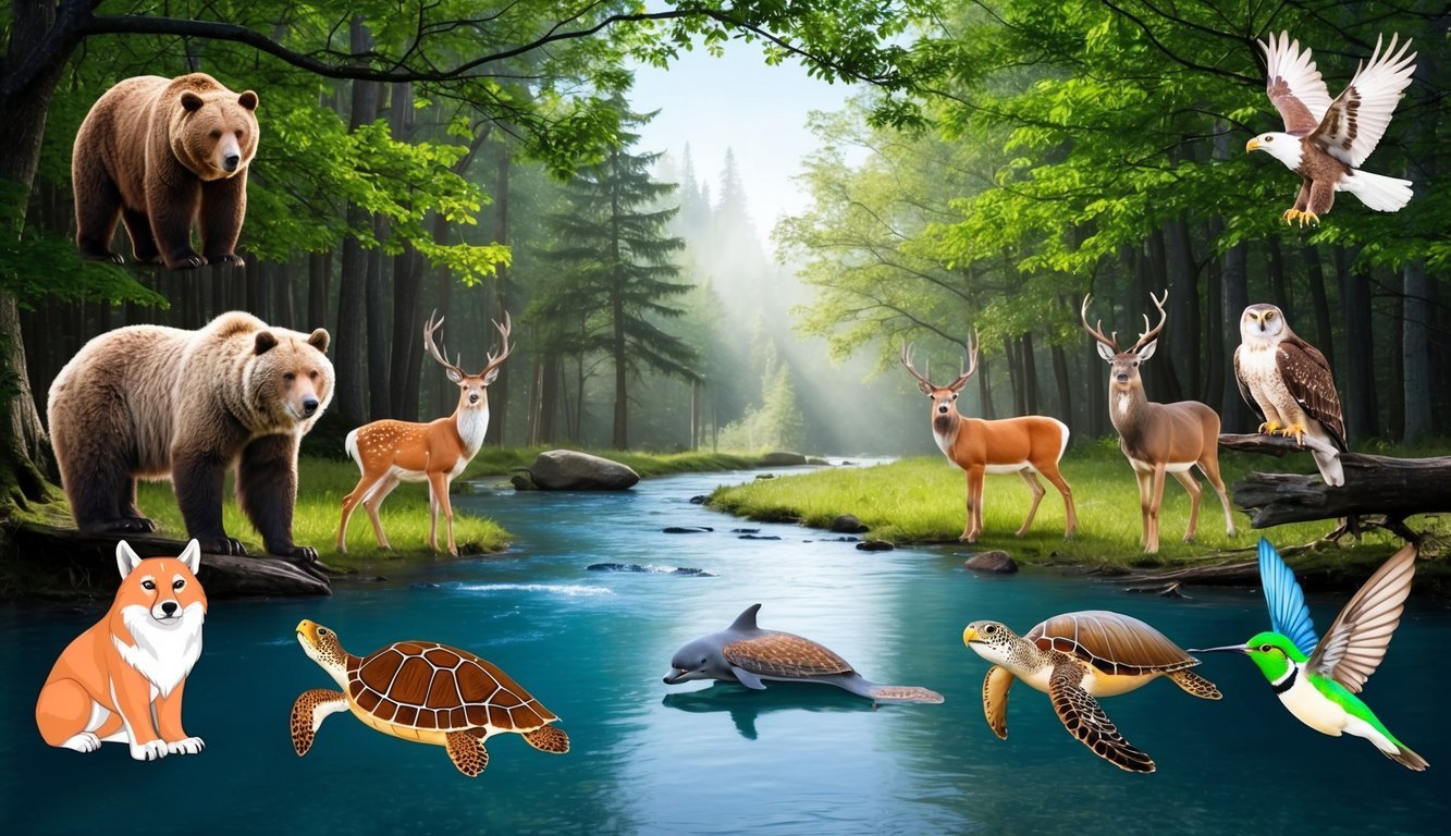 A serene forest clearing with a gentle stream, surrounded by 9 spirit animals: bear, wolf, eagle, deer, owl, turtle, dolphin, butterfly, and hummingbird