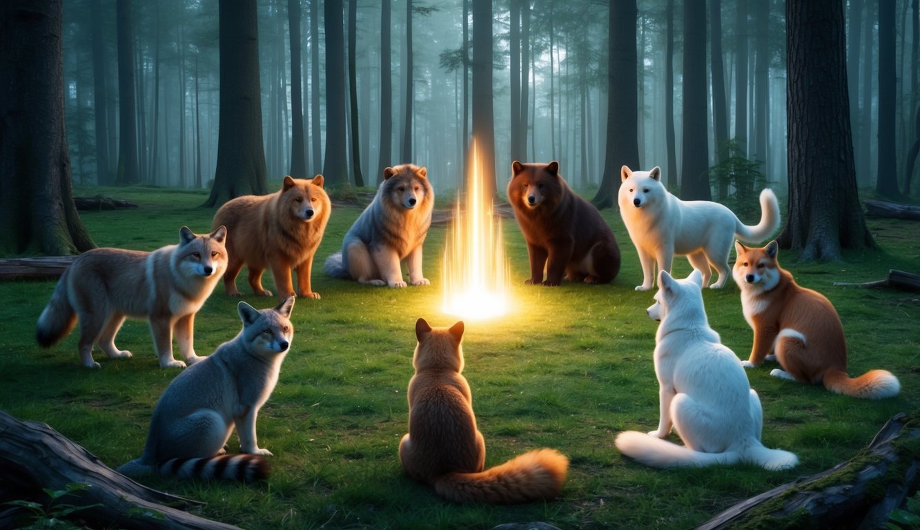 A serene forest clearing with 9 spirit animals, each representing a different aspect of healing, gathered around a central glowing source of energy
