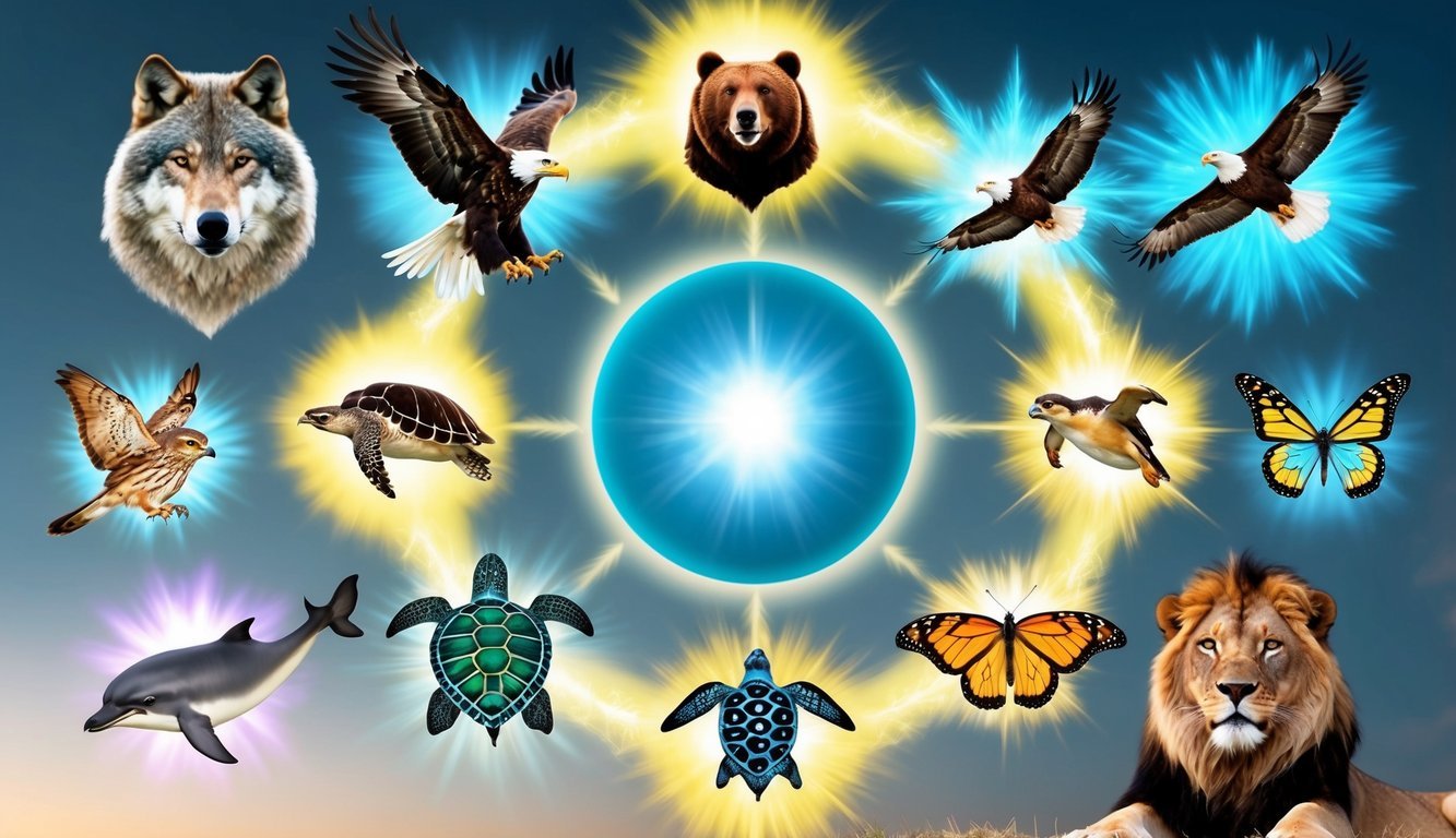Nine spirit animals surrounding a glowing orb, each radiating a different energy.</p><p>A wolf, bear, eagle, deer, turtle, dolphin, owl, butterfly, and lion