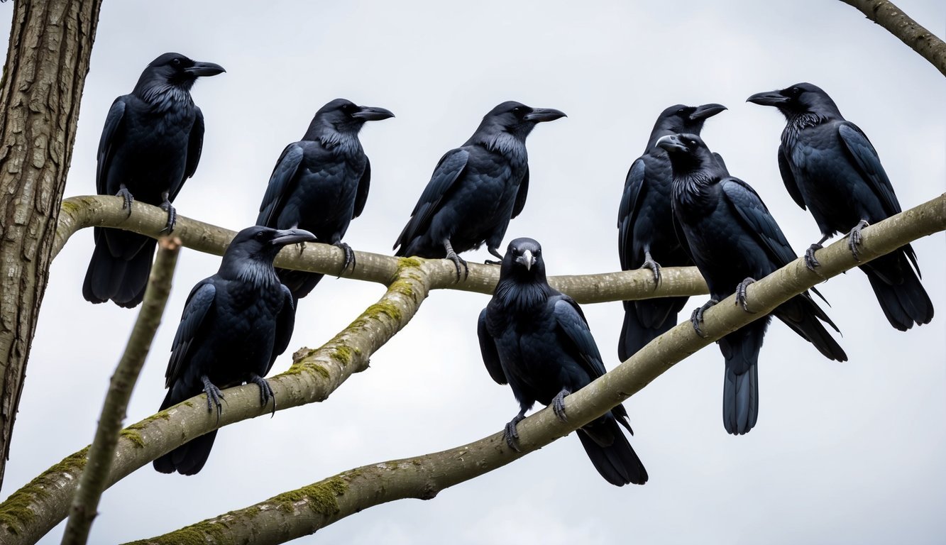 Seven majestic crows perched on towering branches, exuding an aura of strength and wisdom