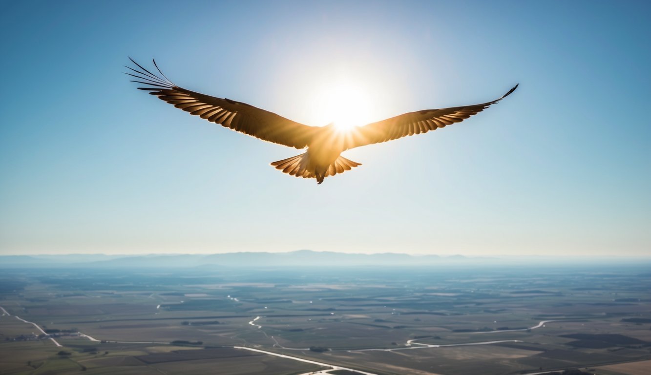 A bird soaring high above a vast, open landscape, with the sun shining and a clear blue sky, representing the freedom to do what is right