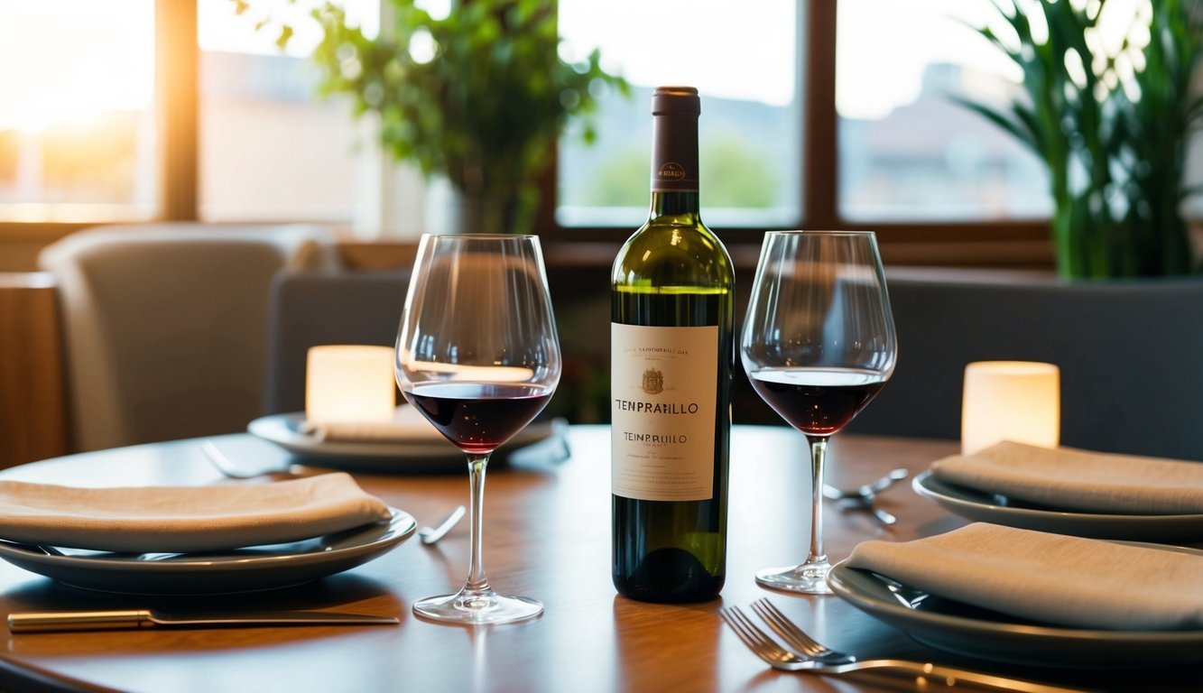 A table set with two wine glasses, a bottle of Tempranillo, and a cozy atmosphere to celebrate friendship