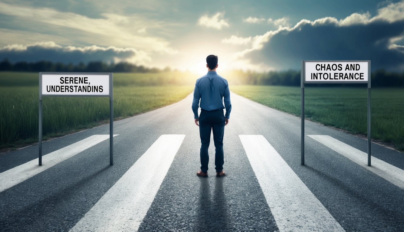 A person standing at a crossroads, with one path leading towards a serene and understanding environment, and the other path leading towards chaos and intolerance
