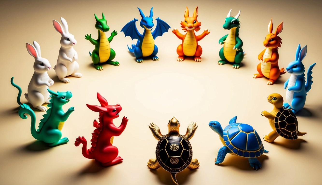 Twelve spirit animals gather in a circle, each symbolizing good luck.</p><p>A rabbit, a dragon, a turtle, and more stand tall, radiating positive energy
