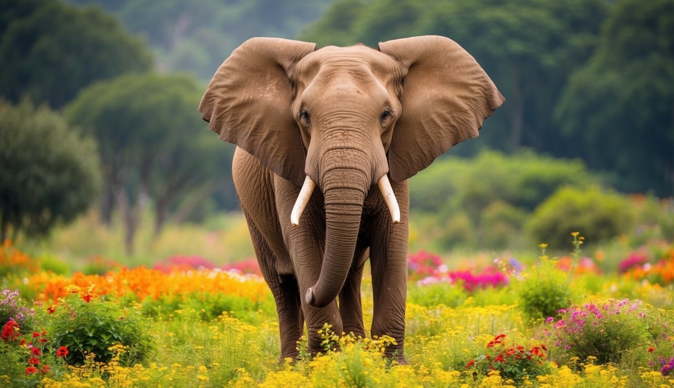 An elephant with a raised trunk standing amidst colorful flowers and greenery