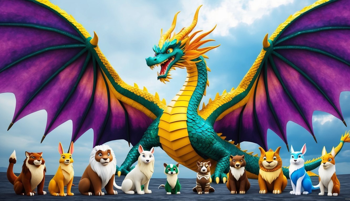 A majestic dragon with vibrant scales and powerful wings, surrounded by 12 spirit animals representing good luck and wisdom