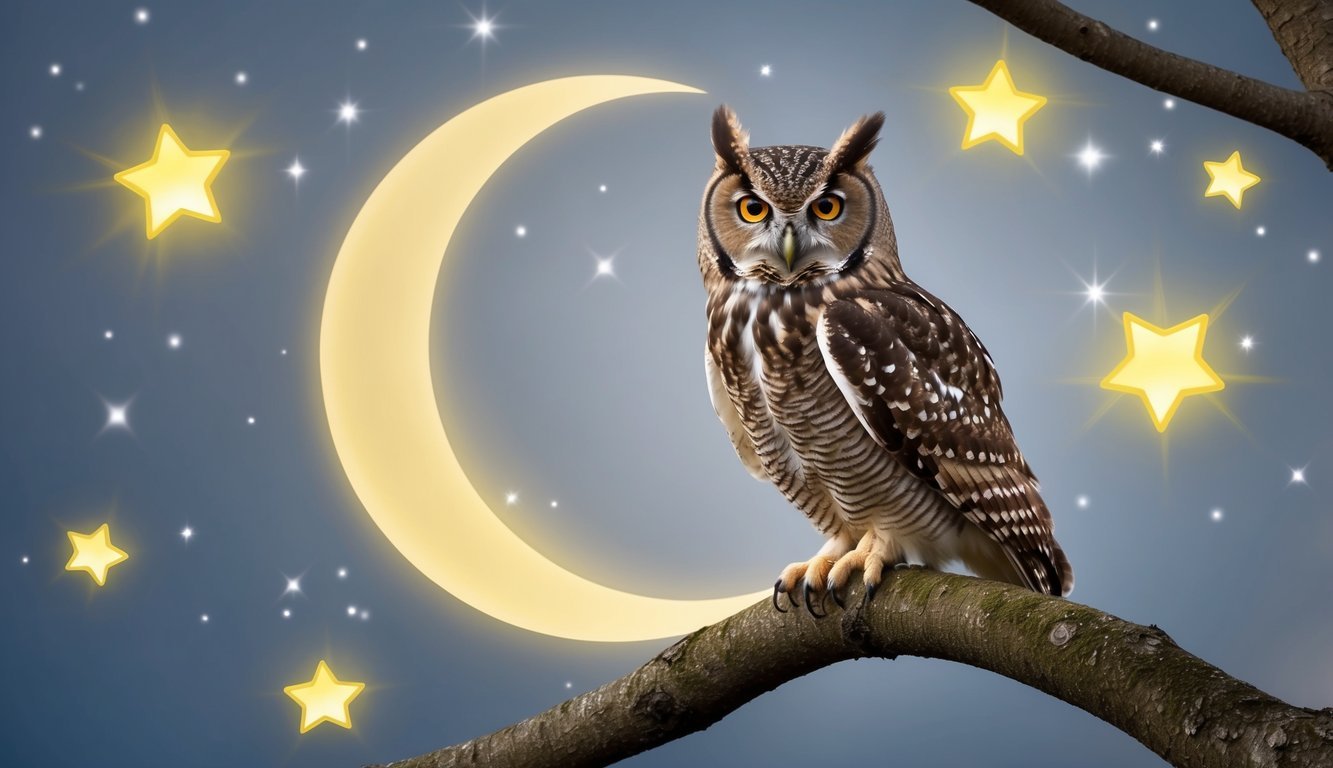 An owl perched on a tree branch, surrounded by twinkling stars and a crescent moon, radiating an aura of wisdom and good luck