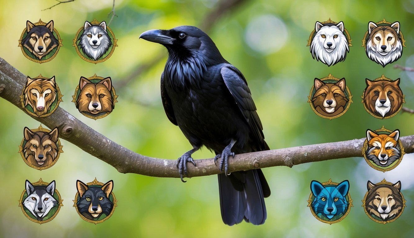 A raven perched on a tree branch, surrounded by 12 spirit animals symbolizing good luck and mystery