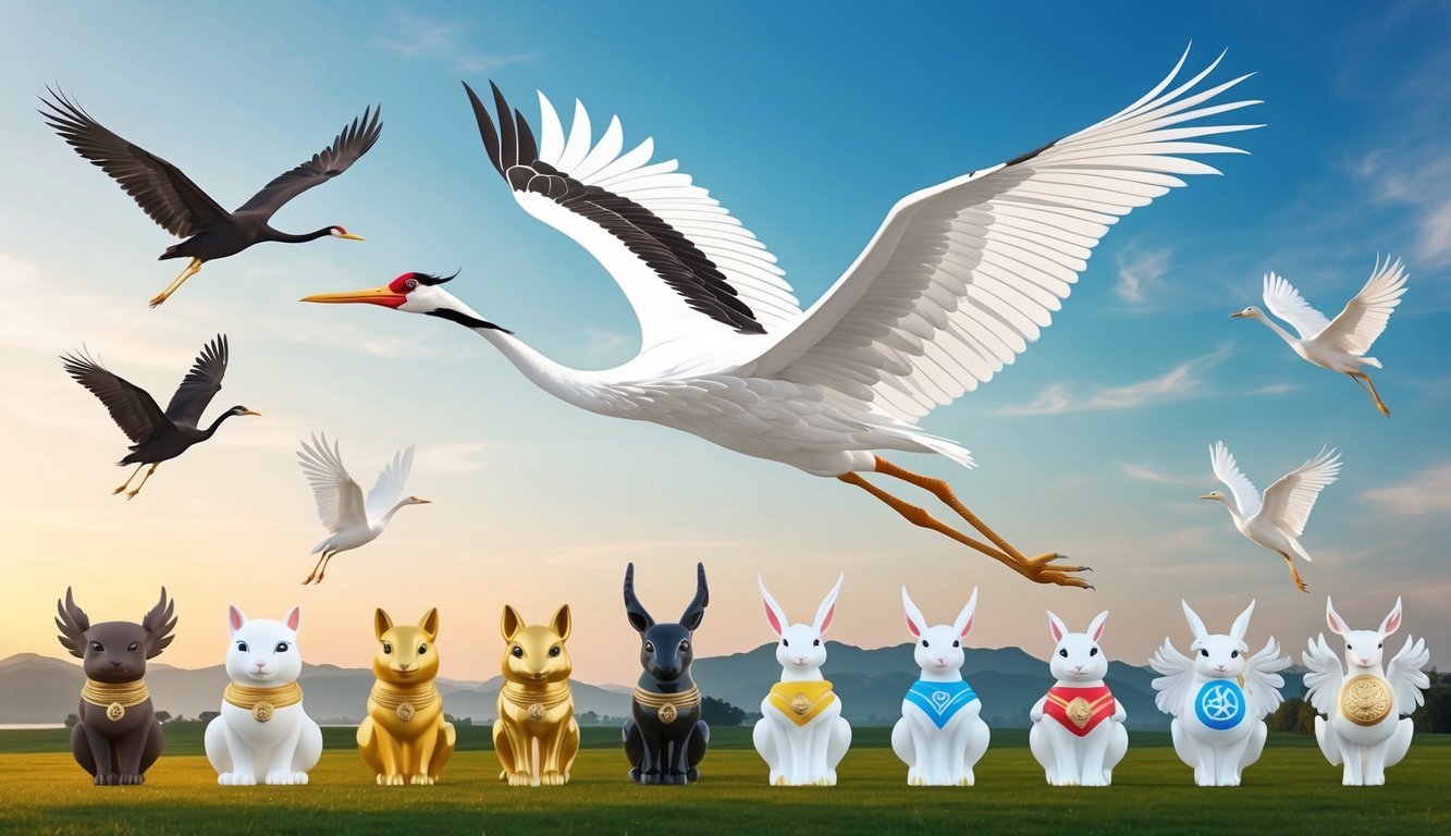A majestic crane soaring gracefully over a tranquil landscape, surrounded by 11 other spirit animals symbolizing peace and prosperity