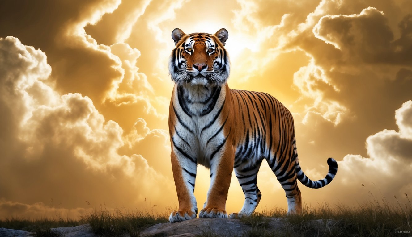 A majestic tiger stands proudly amidst swirling golden clouds, exuding power and grace
