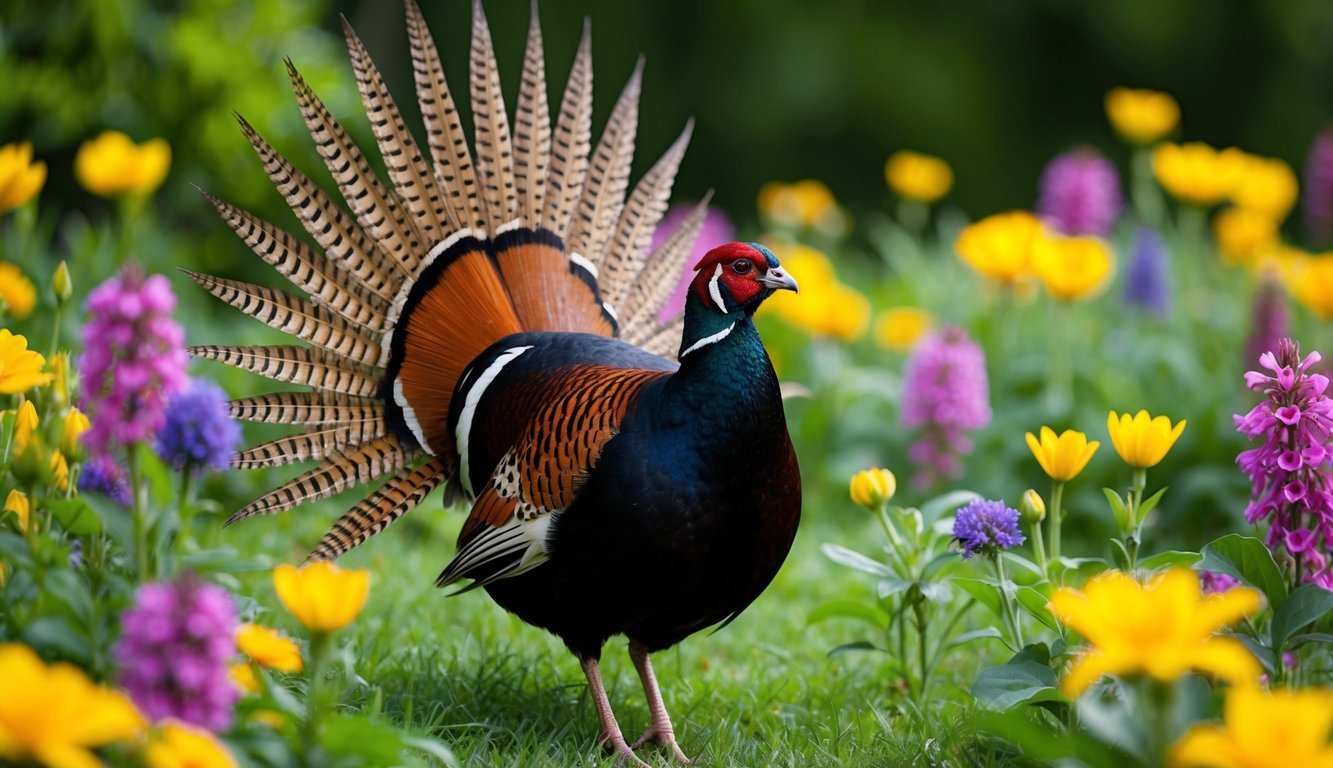 A majestic pheasant surrounded by vibrant flowers and lush greenery, radiating a sense of abundance and luck