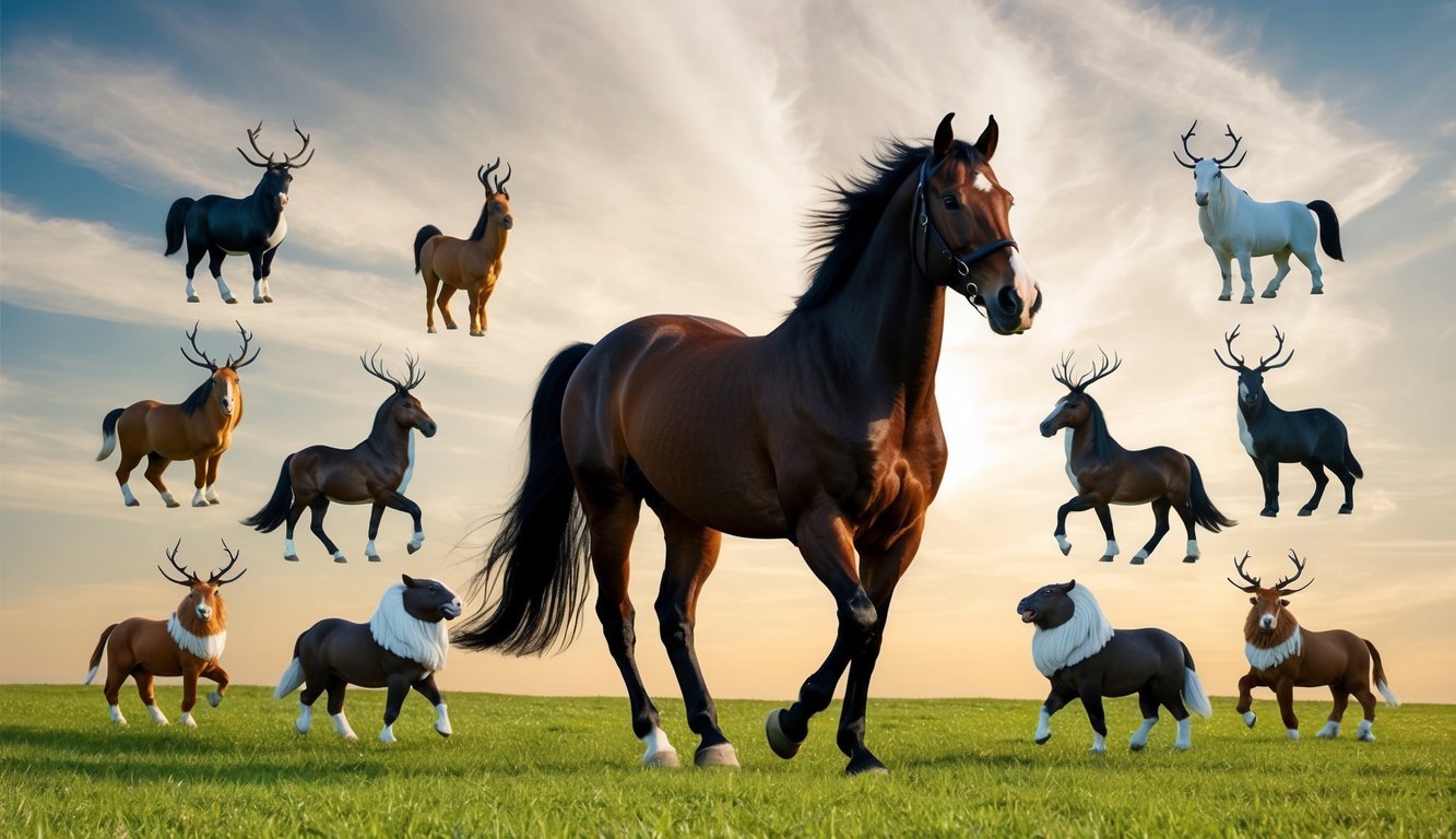 A majestic horse surrounded by 12 spirit animals, symbolizing good fortune and luck