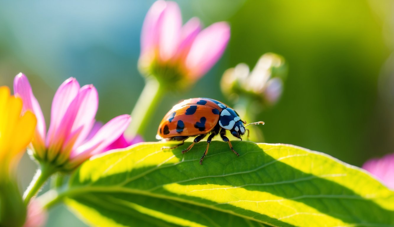 A ladybug perched on a vibrant green leaf, surrounded by blooming flowers and glowing in the sunlight