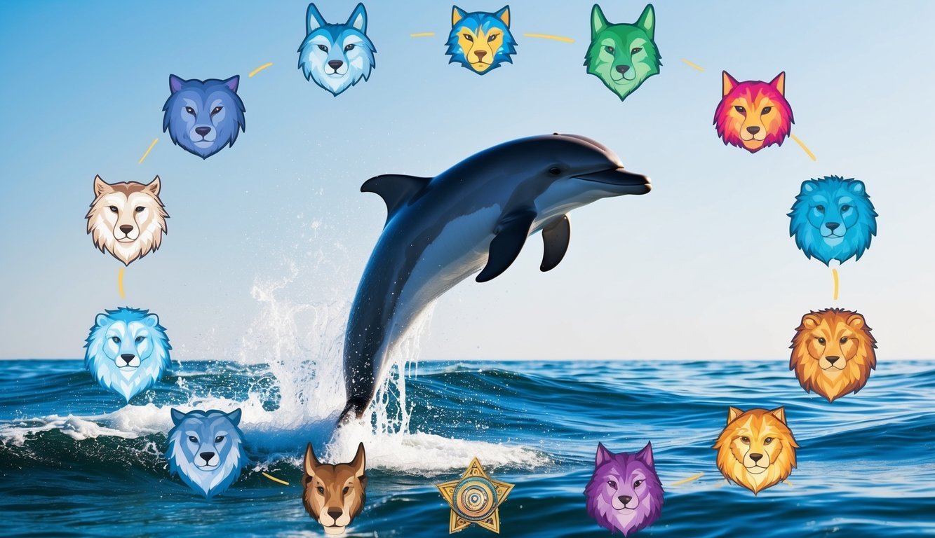 A playful dolphin leaping through sparkling waves, surrounded by a circle of colorful spirit animals symbolizing protection and joy