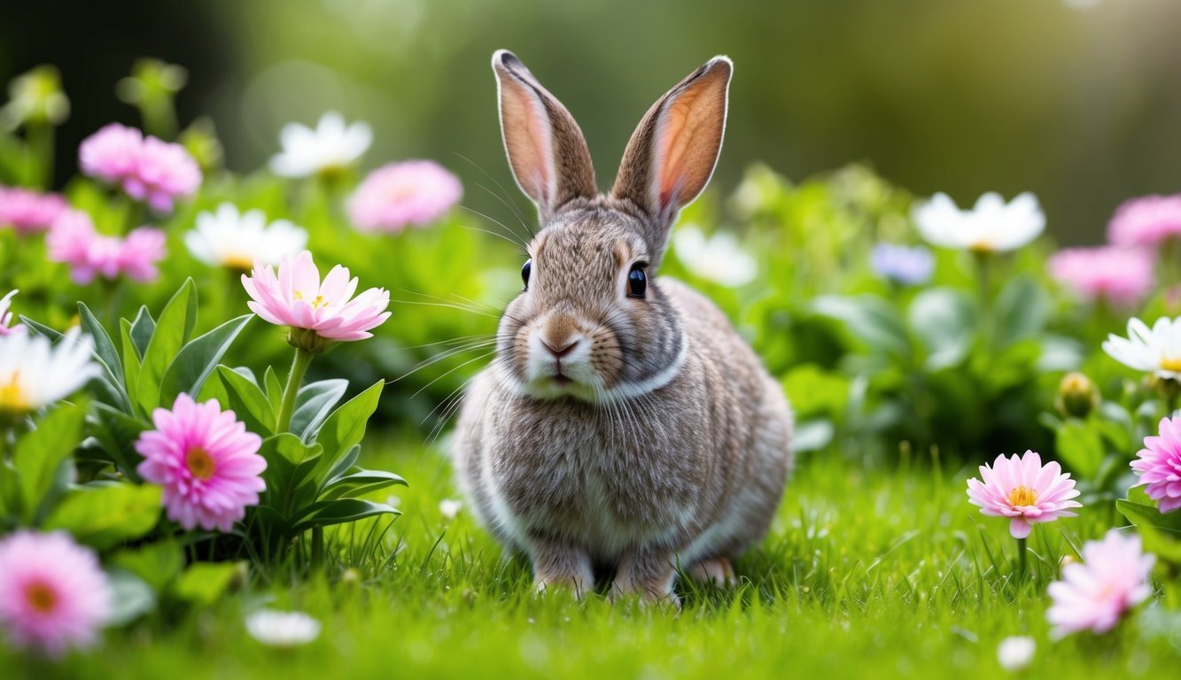 A rabbit surrounded by blooming flowers and lush greenery, radiating a sense of fertility and prosperity