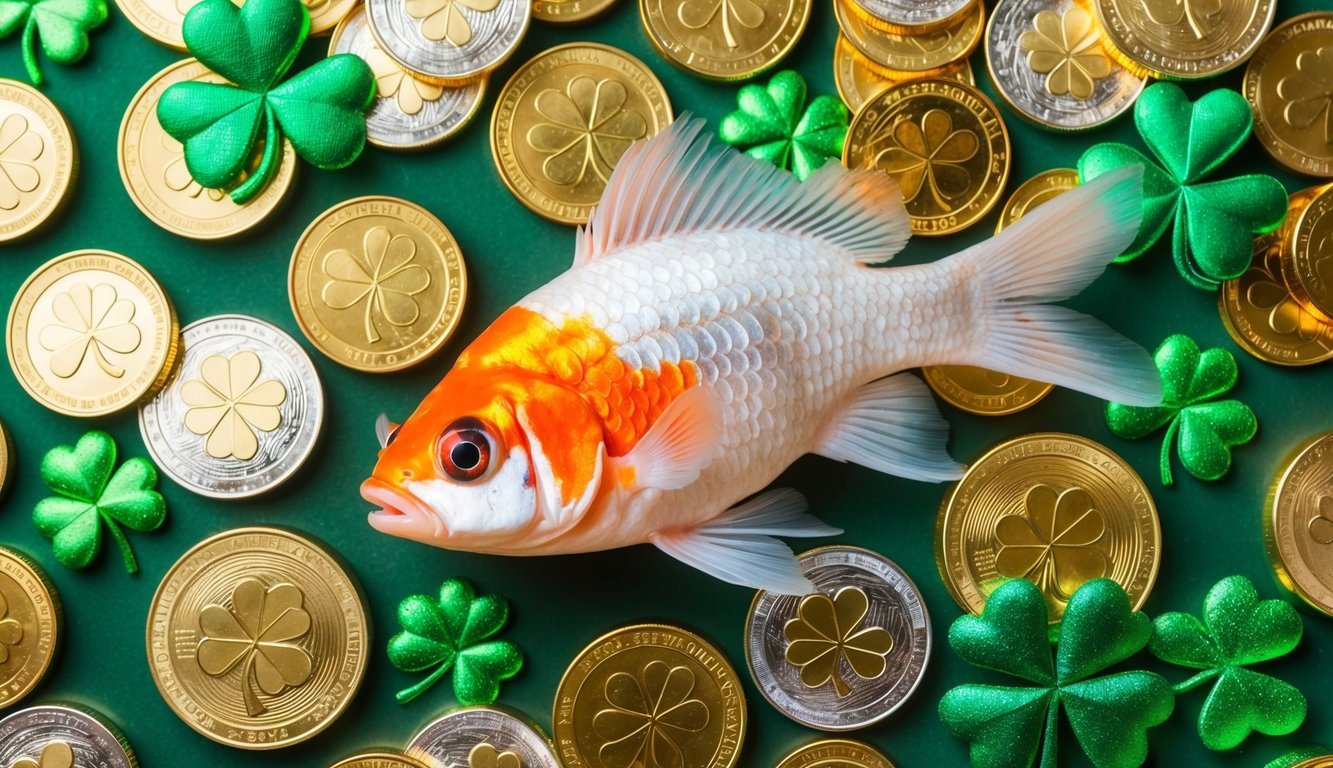 A goldfish swimming among shimmering coins and four-leaf clovers