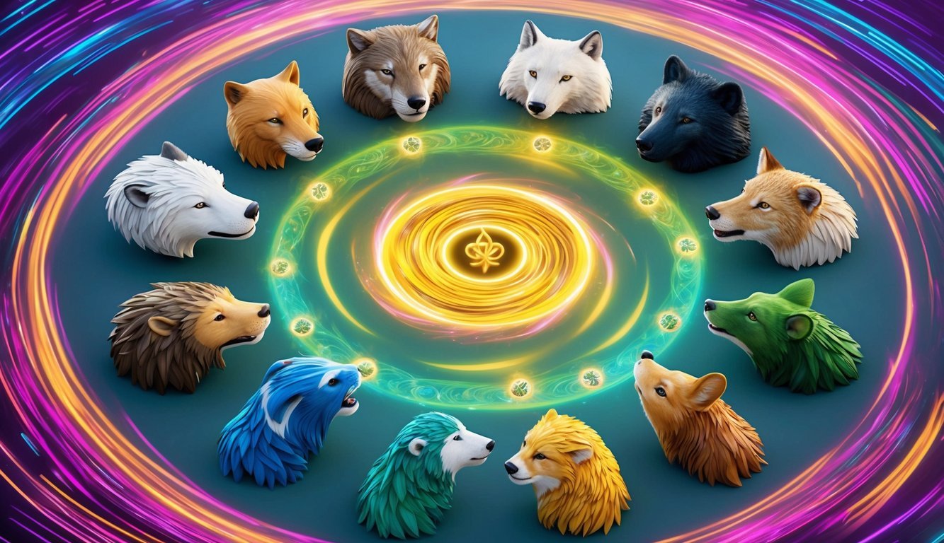 A circle of 12 spirit animals, each representing a different source of good luck, surrounded by vibrant, swirling energy