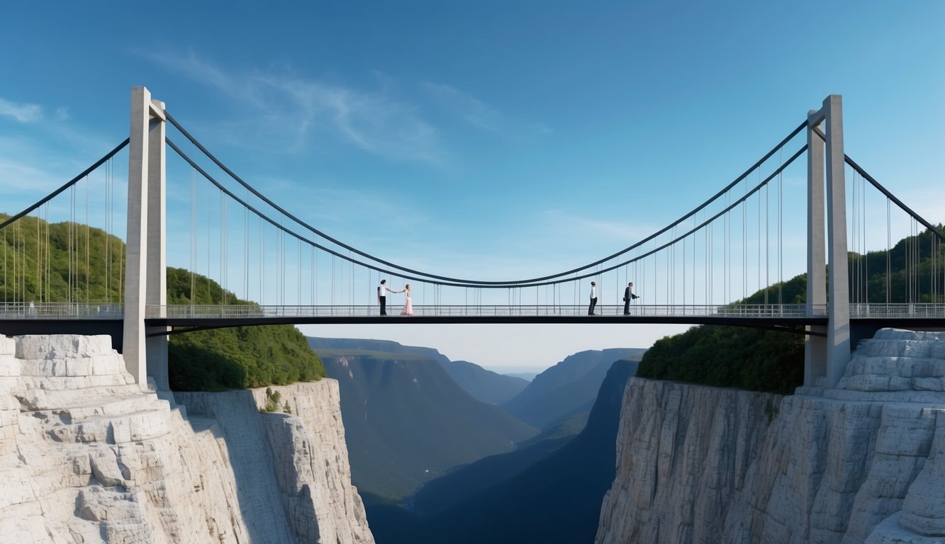 A sturdy bridge spanning a deep chasm, with one side representing trust and the other side representing confidence, connected by a strong, unbreakable bond