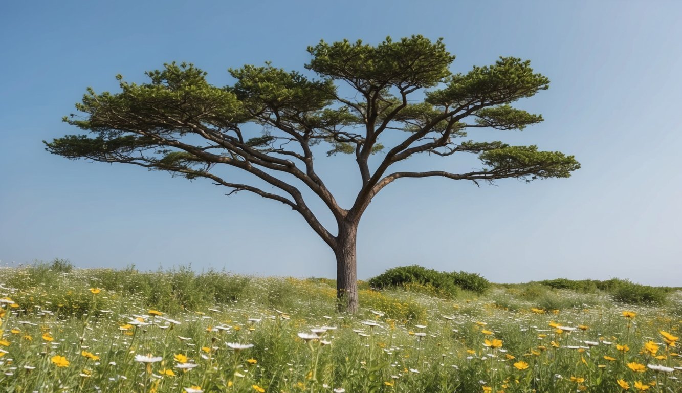 A lone tree standing tall amidst a field of wildflowers, its branches reaching towards the sky with a sense of confidence and trust in its own strength